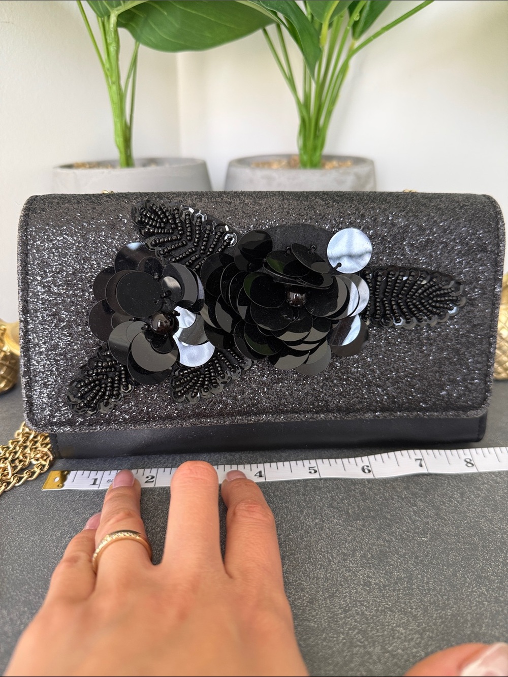 Aldo Black Glitter Sequin Floral Chain Clutch - Picture 2 of 2